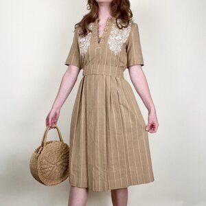 Vintage Embroidered Pleated Midi Dress Button Up Quiet Understated Luxury Preppy